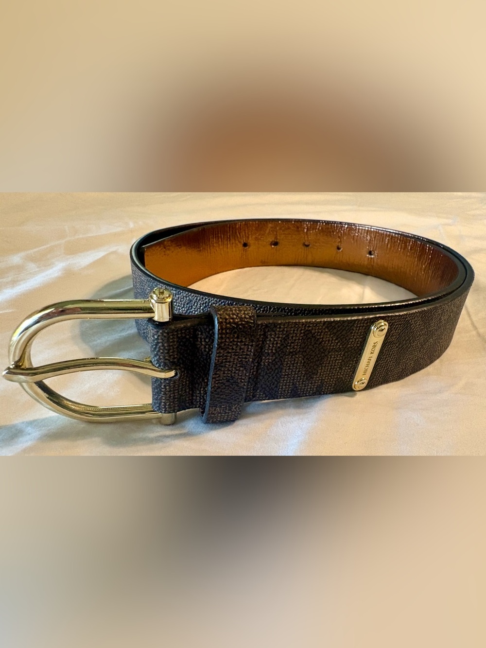 Michael Kors Brown Monogram Belt with Gold Buckle